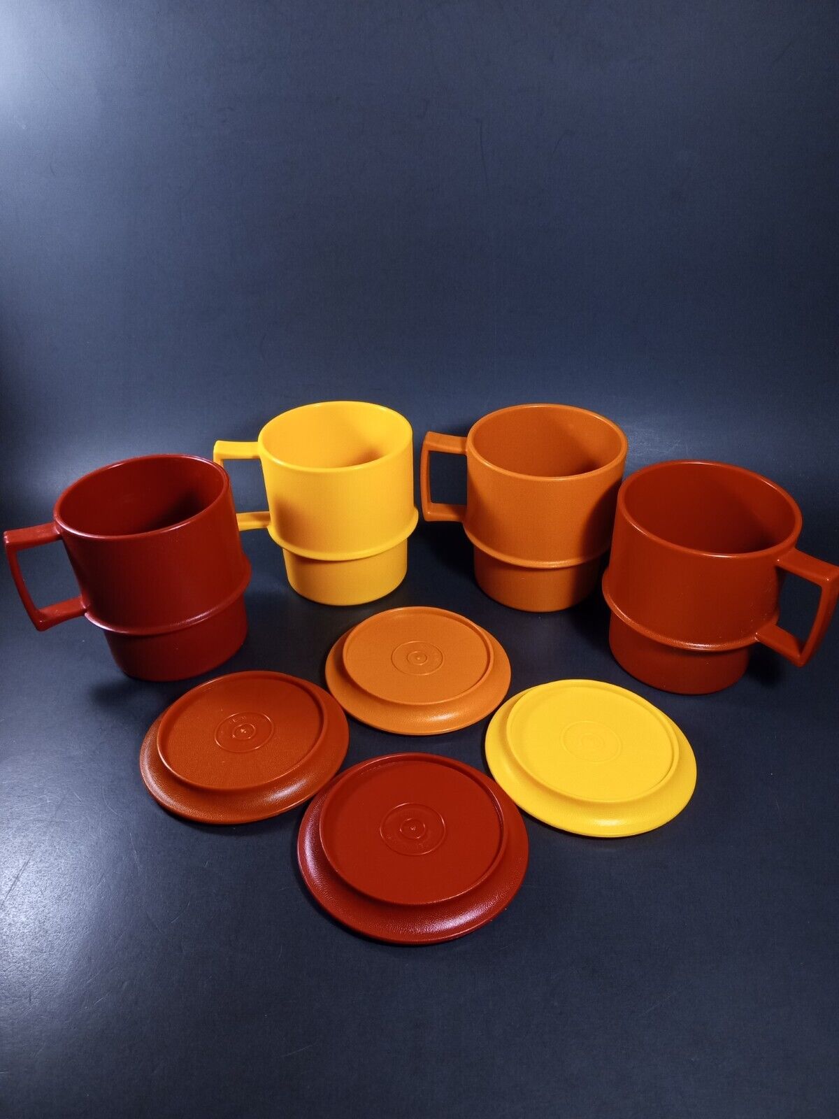 Lot of 4 Vintage Tupperware Cups with Coasters Harvest Fall Colors