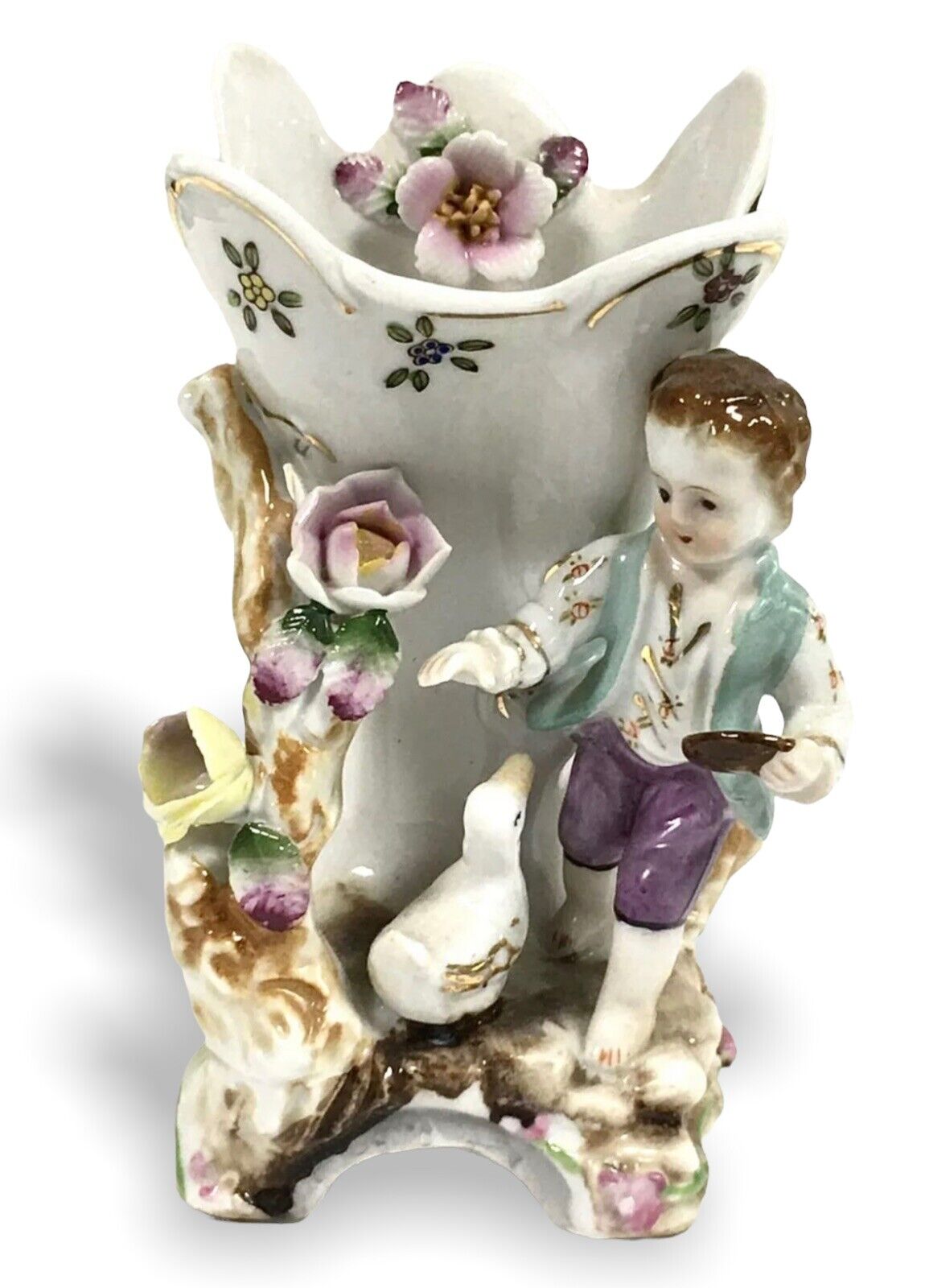 Antique CAMILLE NAUDOT PORCELAIN Figurine Vase Early Marks Boy Duck Roses Estate