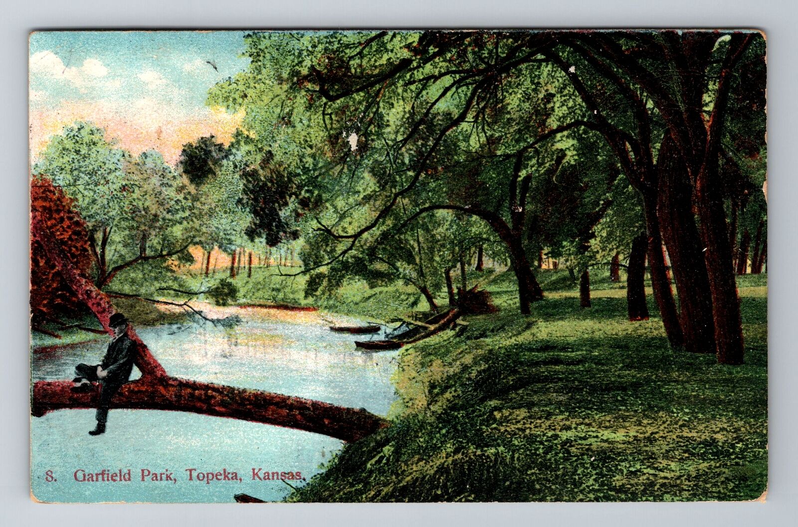Topeka KS-Kansas, Garfield Park and Lake, Antique Vintage Souvenir Postcard