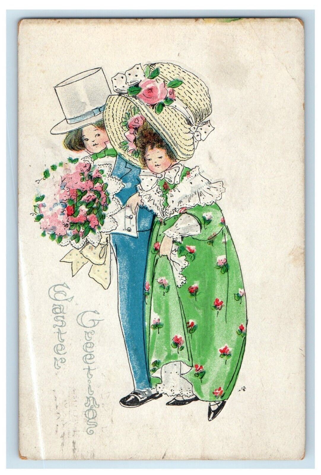1911 Easter Greetings Old Man Woman Flowers Bouquet Embossed Antique Postcard