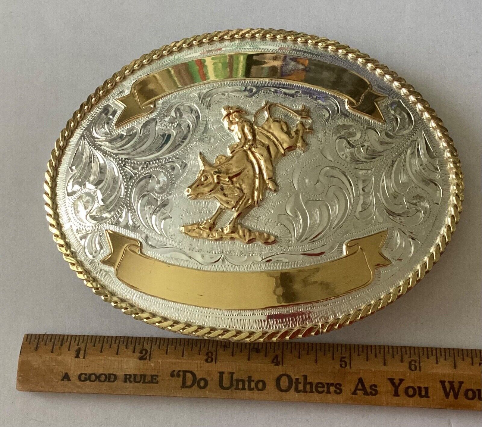Large JUSTIN Belt Buckle vintage Mexican Silver Rodeo Bull Cowboy Western. 6.25”