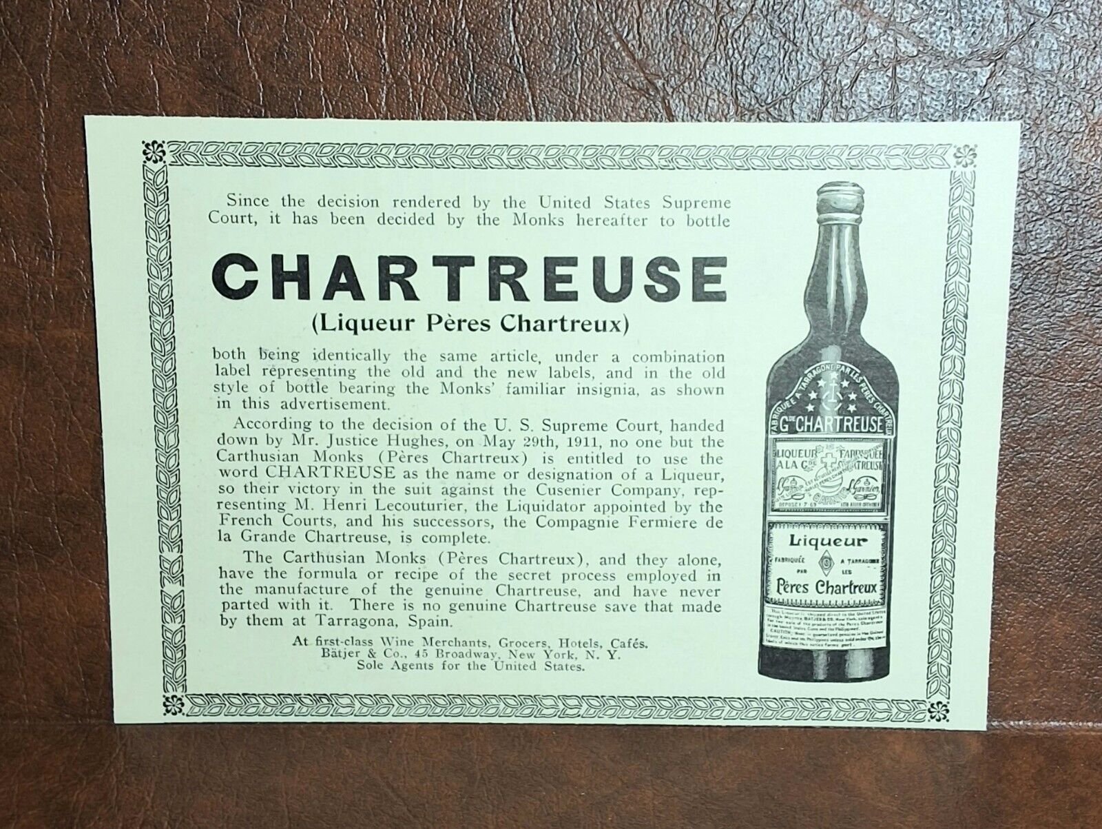 Antique Old Vintage Liqueur Alcohol Bottle - CHARTREUSE - 1912 Print Art AD
