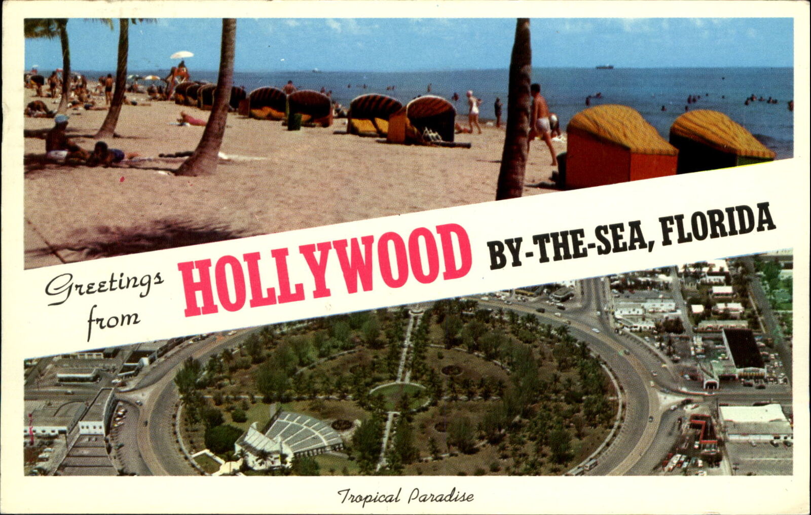 Hollywood by the Sea Florida ~ aerial Traffic Circle amphitheatre~beach cabanas