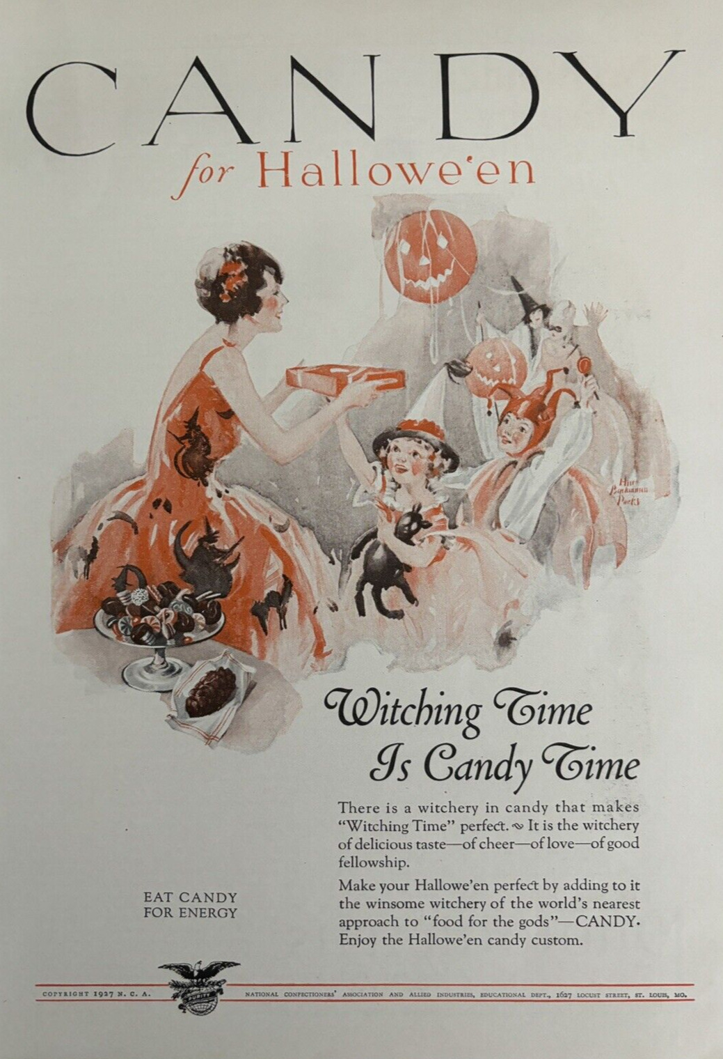1927 Candy For Halloween Witching Time Energy Pumpkin Kids Vintage Print Ad