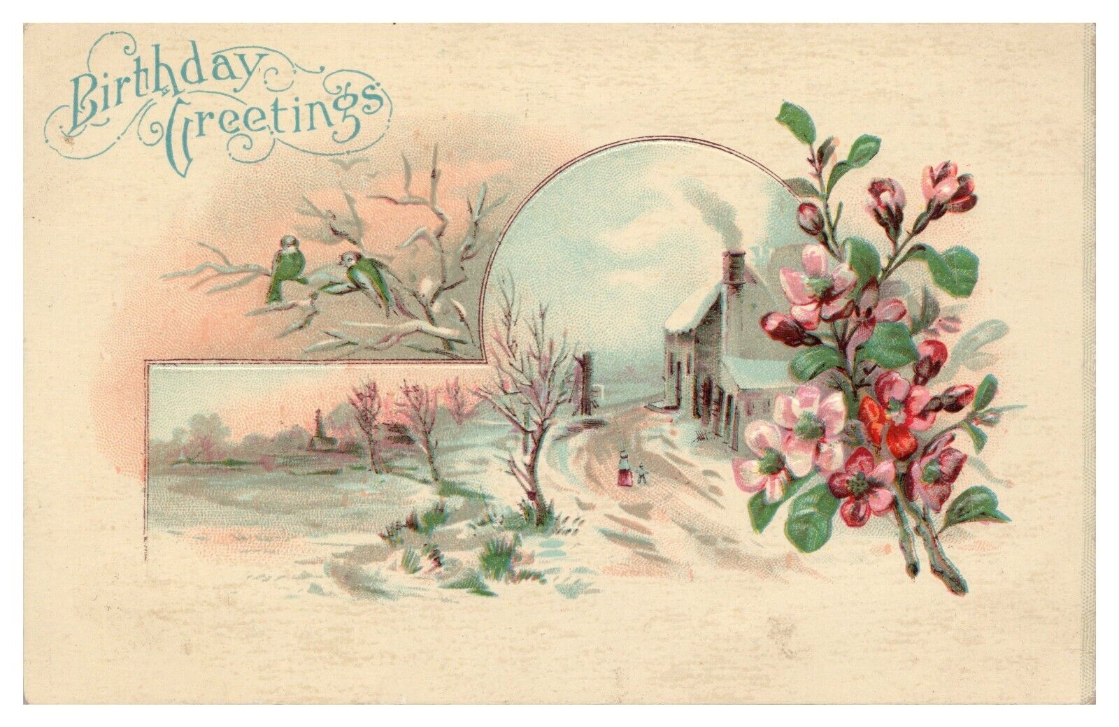 Vintage Embossed Birthday Greetings Postcard c1909 Snowy Outdoor Scene Flowers