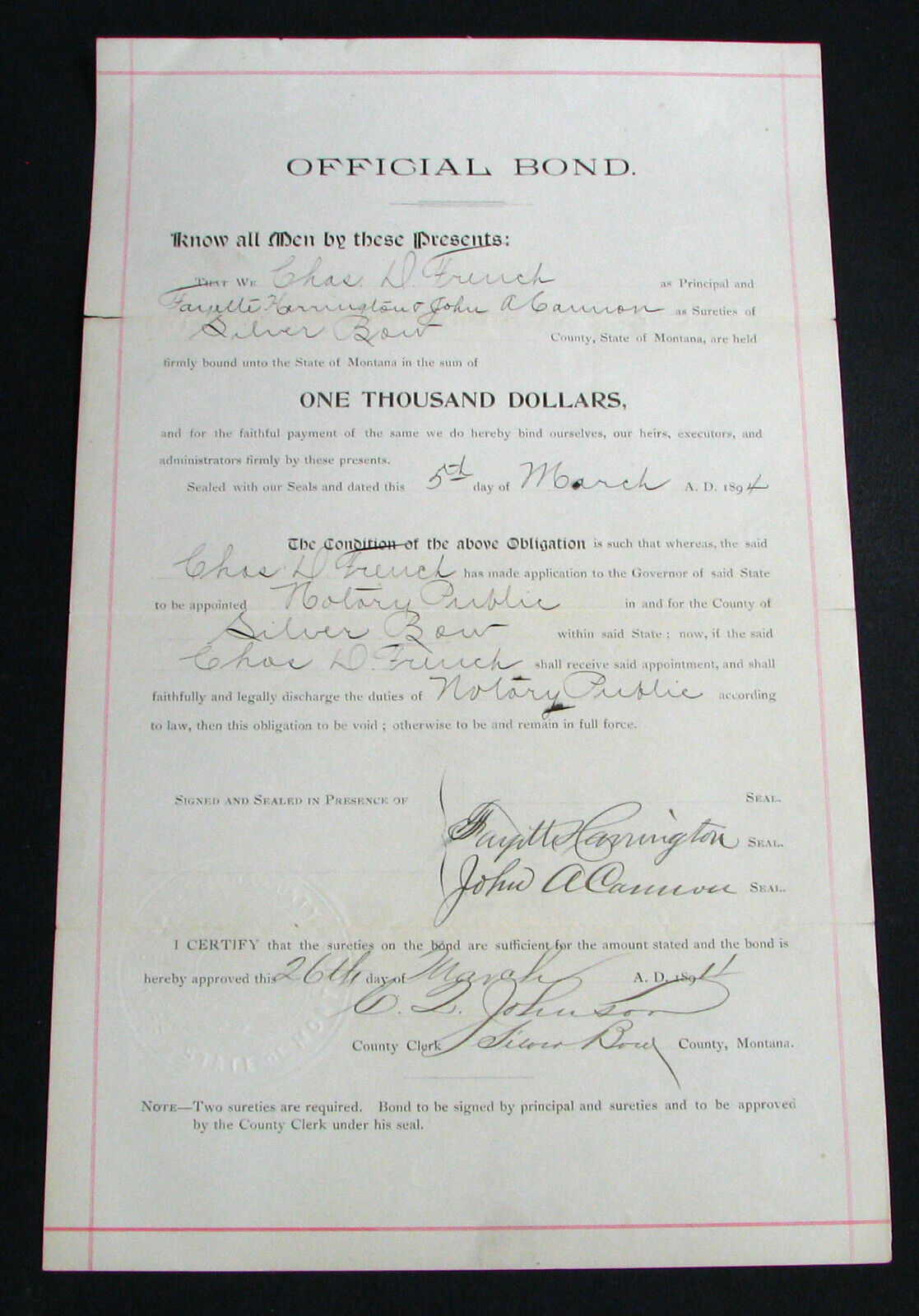 #94 - old 1894 OFFICIAL BOND NOTARY PUBLIC document SILVER BOW County, MONTANA