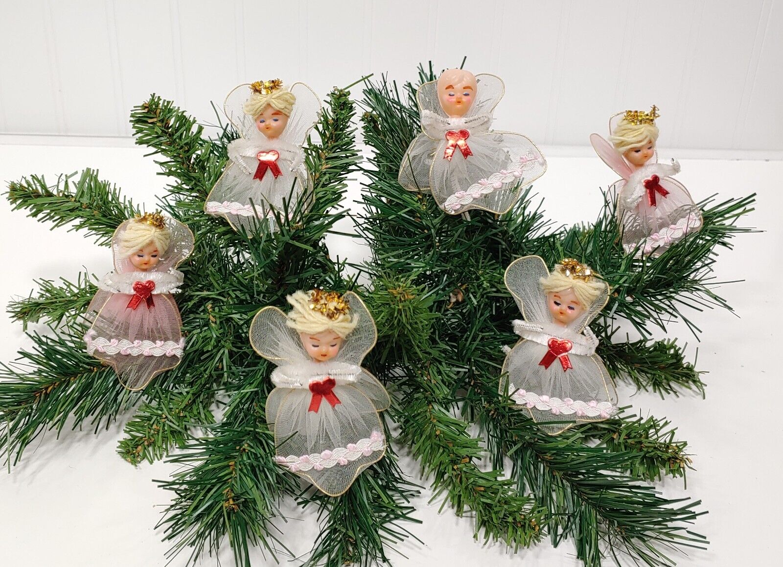 Vintage 1950s Tulle Christmas Angels Pipe Cleaner Arms Ornament Lot of 6