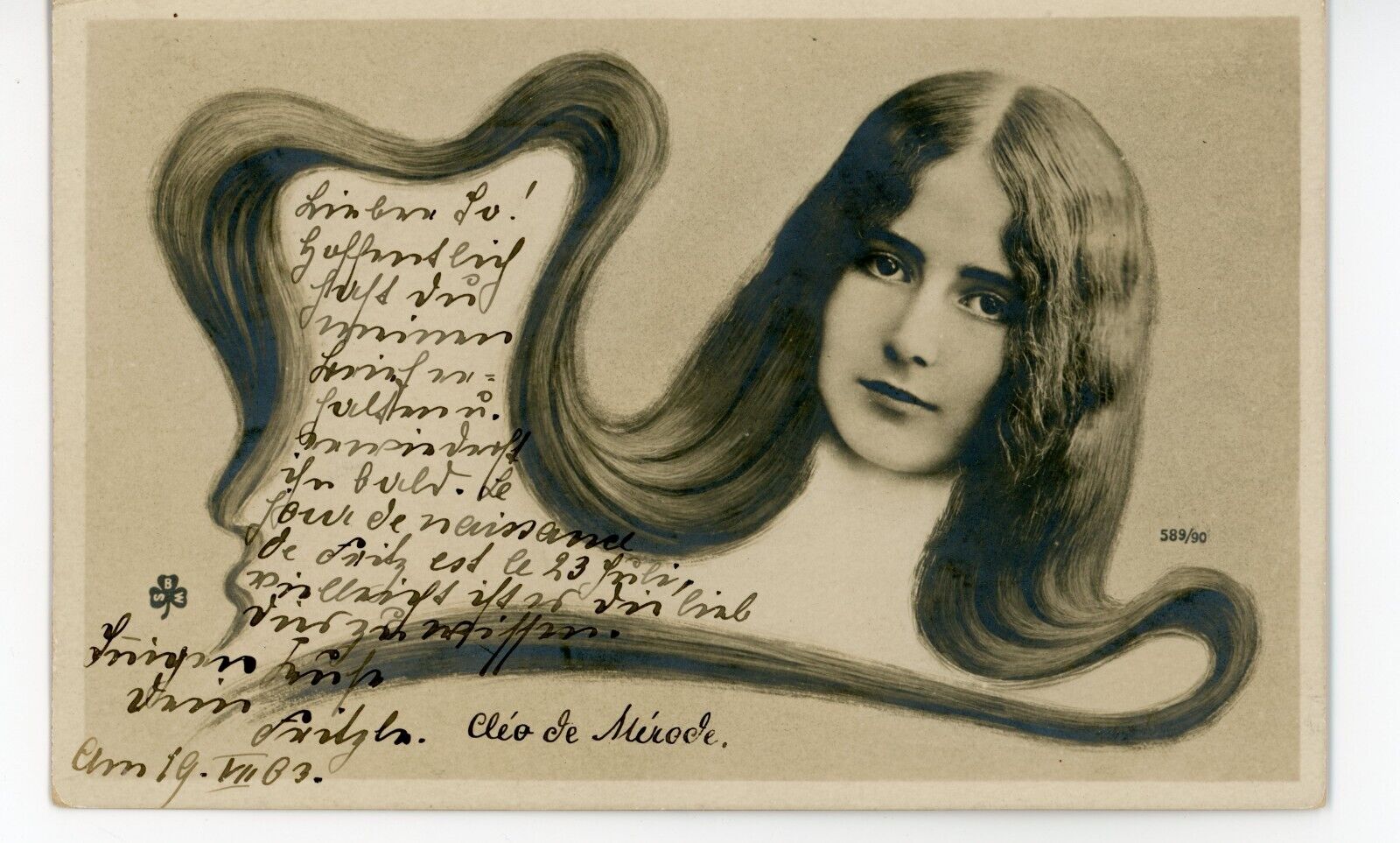 Cleo De Merode Dancer with Long Hair Art Nouveau Original Photo Postcard RPPC