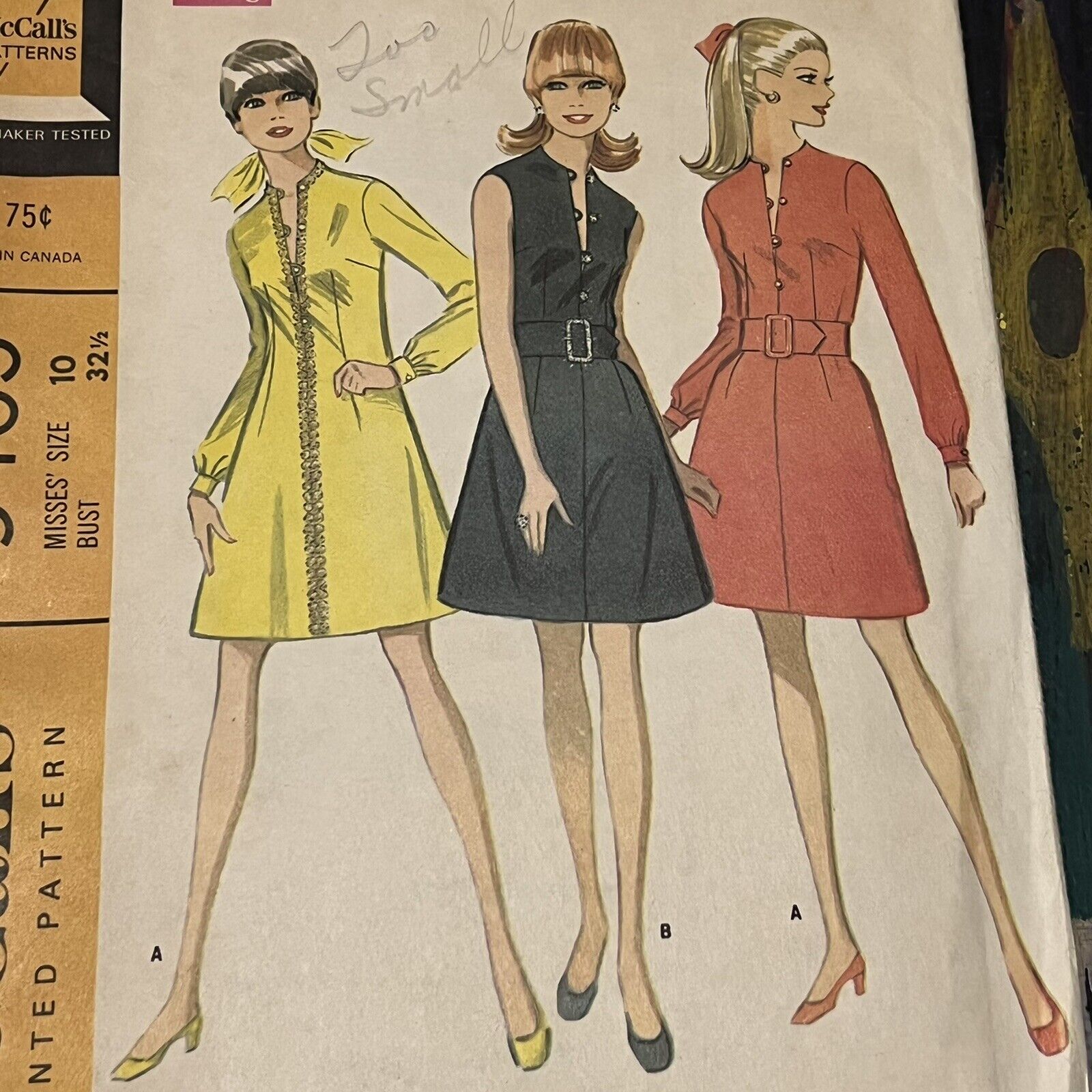 Vintage 1960s McCalls 9465 Mod Dress in Three Lengths Sewing Pattern 10 XXS CUT