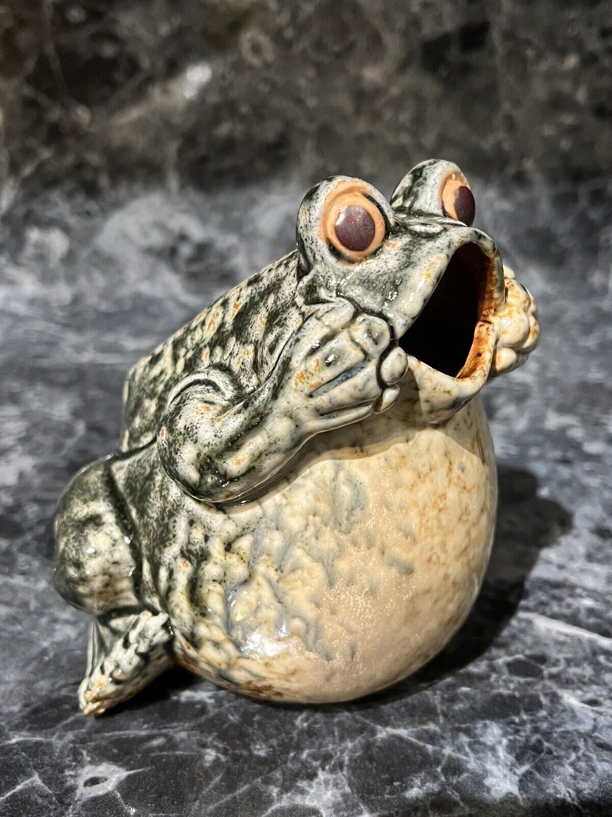 Vintage Anthropomorphic Ceramic Bullfrog 4.5”Glazed Pottery Figurine Frog Toad