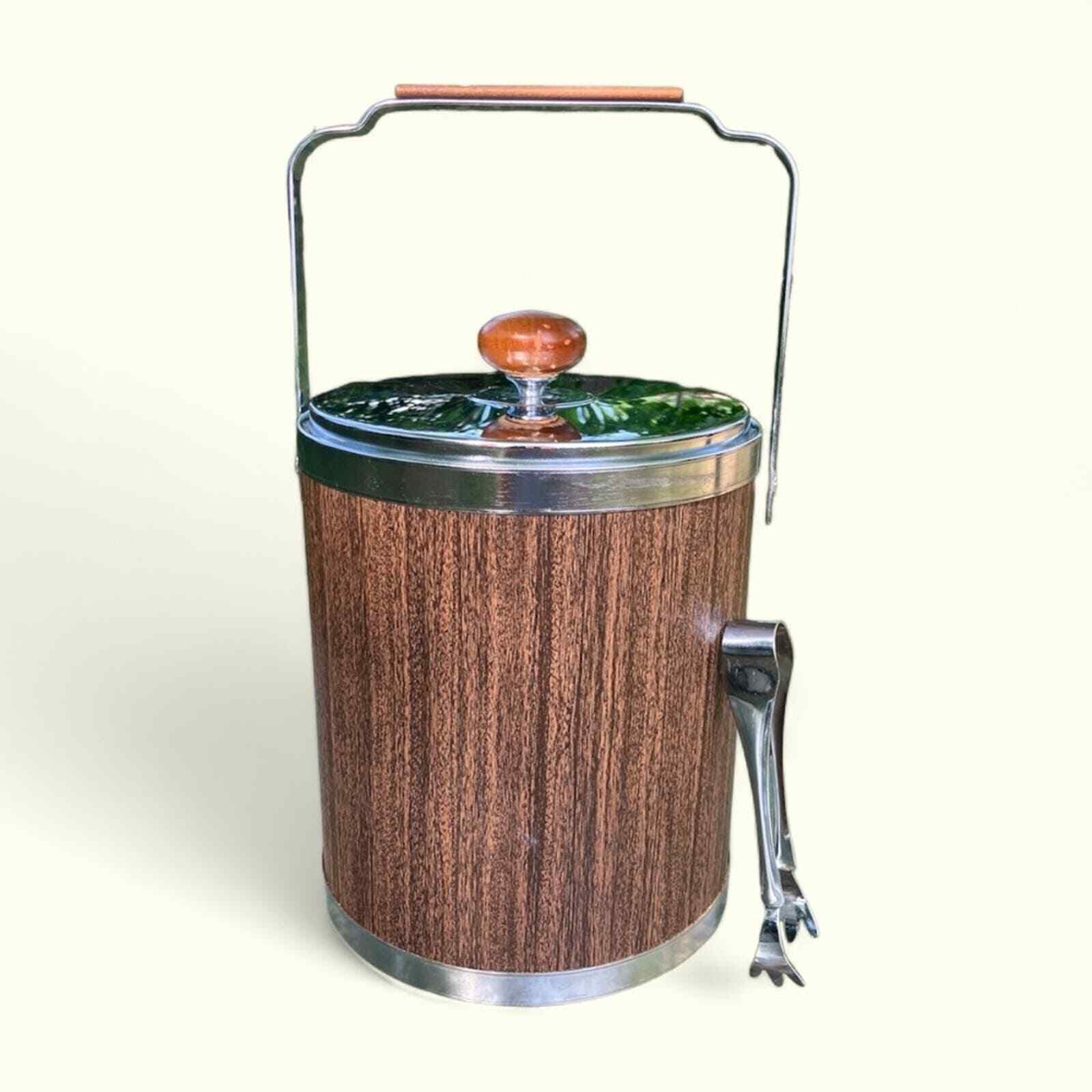Vintage Retro Kromex Ice Bucket Faux Wood Grain & Chrome Mid Century Modern USA