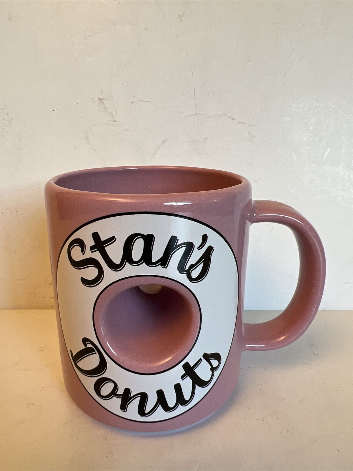 Stan’s Donuts Coffee Mug Doughnut Hole Cup Ceramic Vintage 4” Tall Made In USA