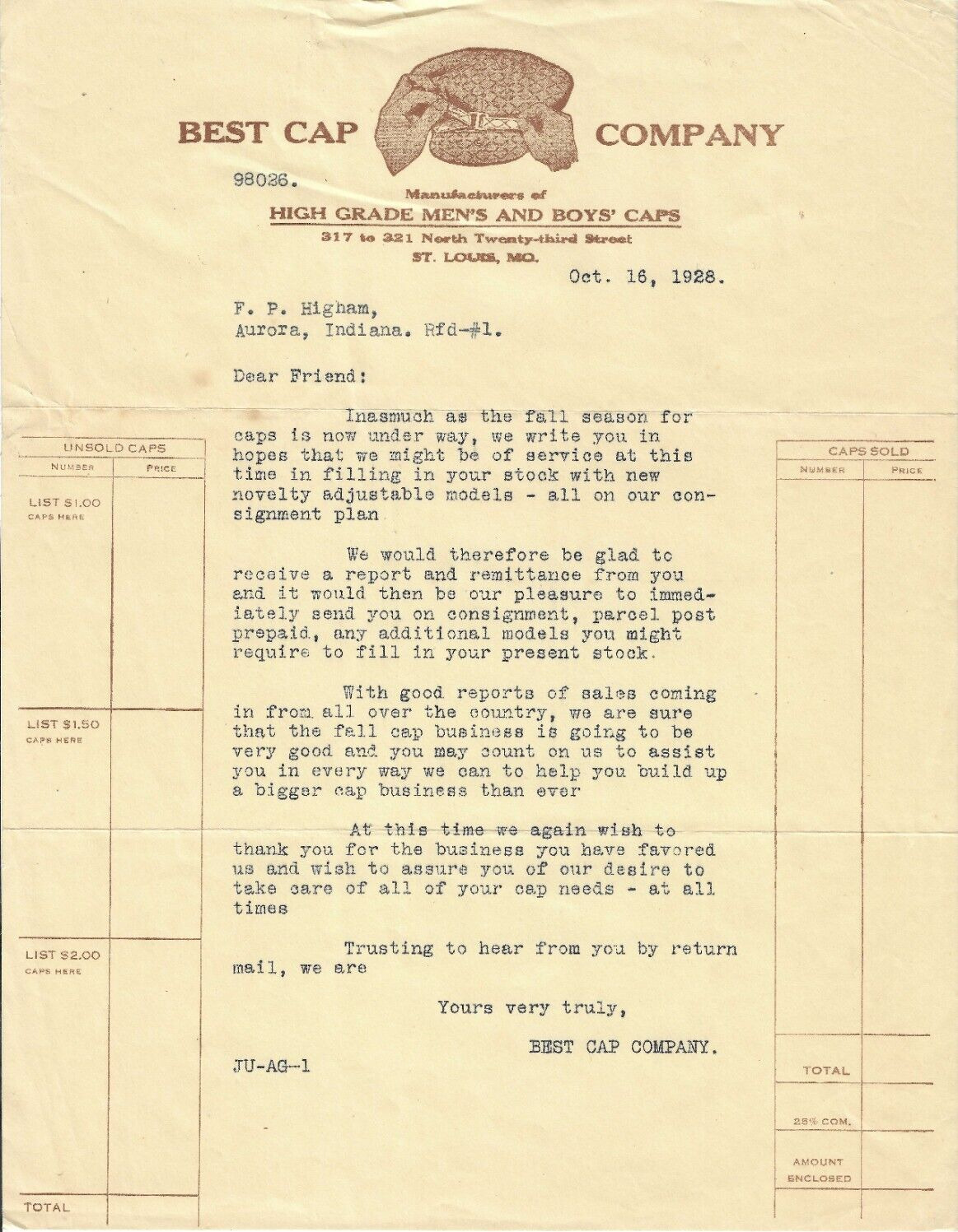 1928, Letter to F.P Higham Aurora Indiana, Best Cap Company, St. Louis, Missouri