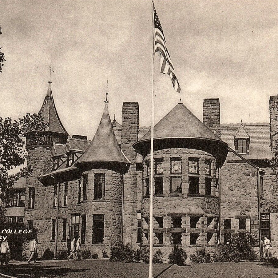 c.1940 Iviswold Castle American Flag Fairleigh Dickinson Rutherford NJ Postcard