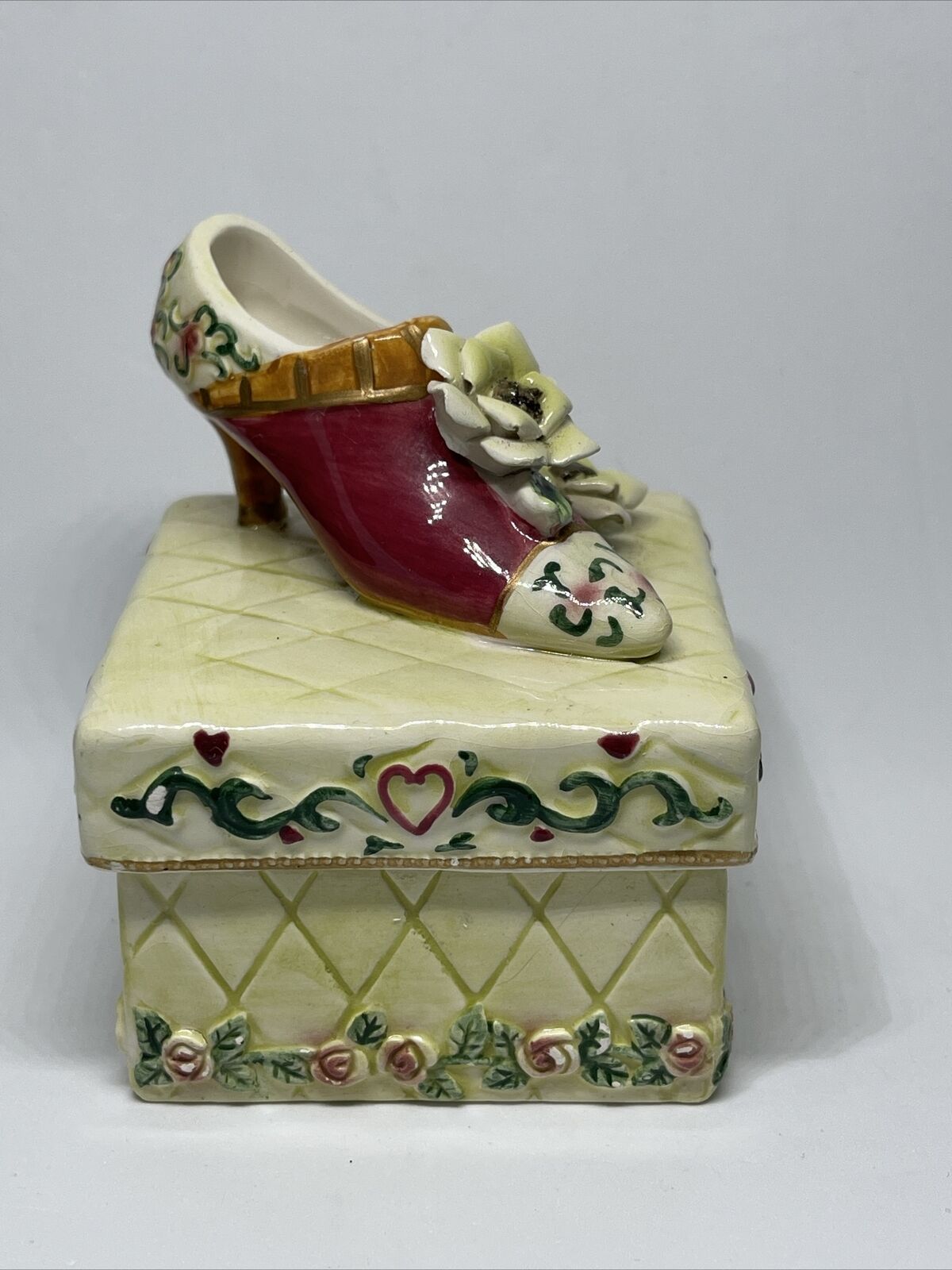 Lovely Vintage Porcelain Trinket Box with High-Heel Shoe, Flowers and Hearts 