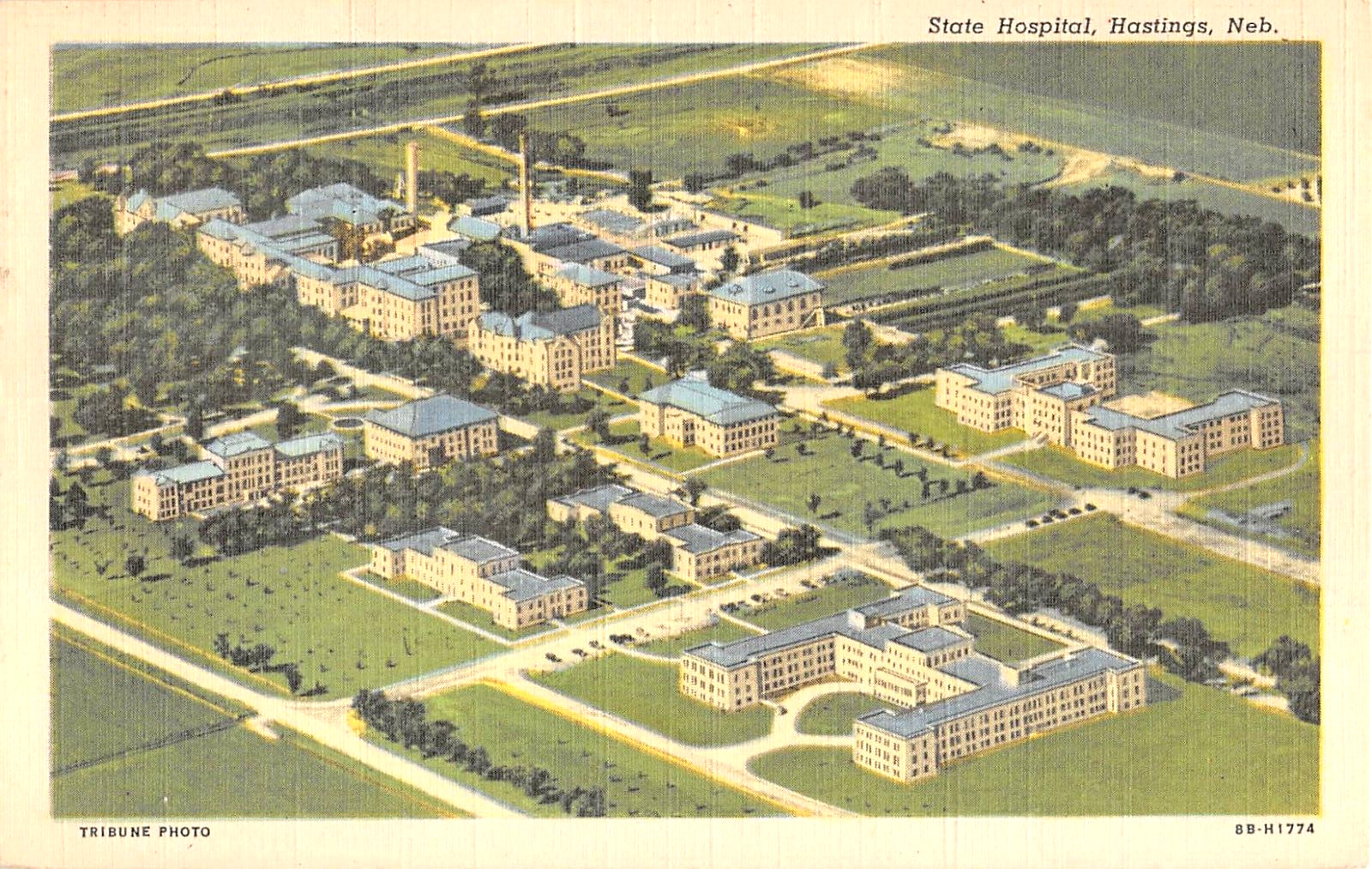 c.1940 Aerial View State Hospital Hastings NE post card Insane Asylum ? Linen