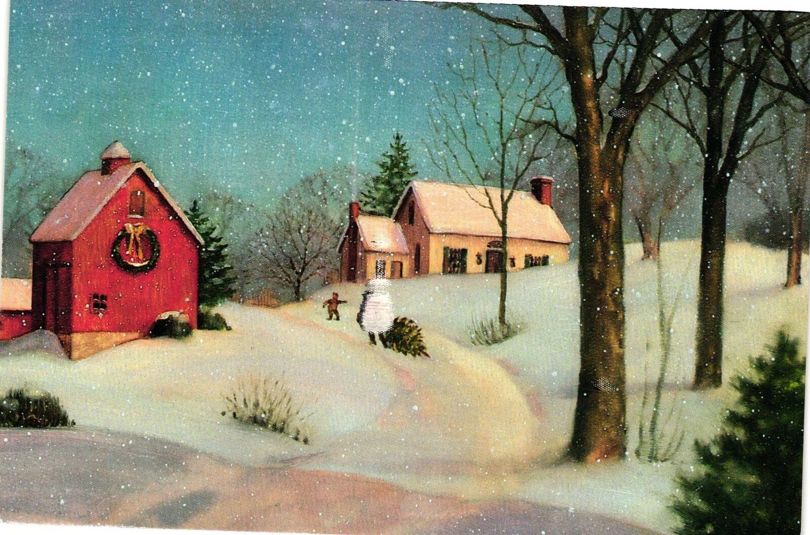 Vintage Postcard 4x6- Snow Day, Wishing you a wonderful Christmas.