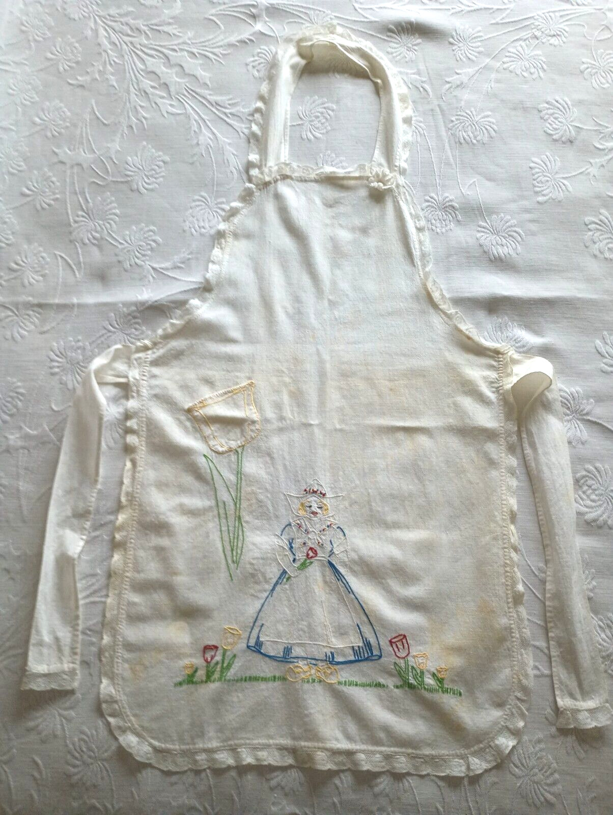 VTG 1930\'S CHILD\'S EMBROIDERED BIB APRON ~ Dutch Girl, Tulip Pocket, Handmade