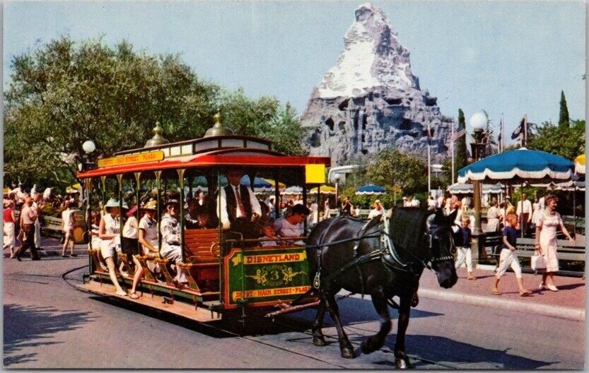 Vintage DISNEYLAND Anaheim CA Postcard Horse-Drawn Streetcar #A-3 c1950s Unused