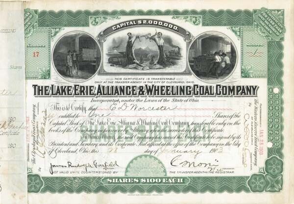 Lake Erie, Alliance and Wheeling Coal signed by James R. Garfield - Stock Certif