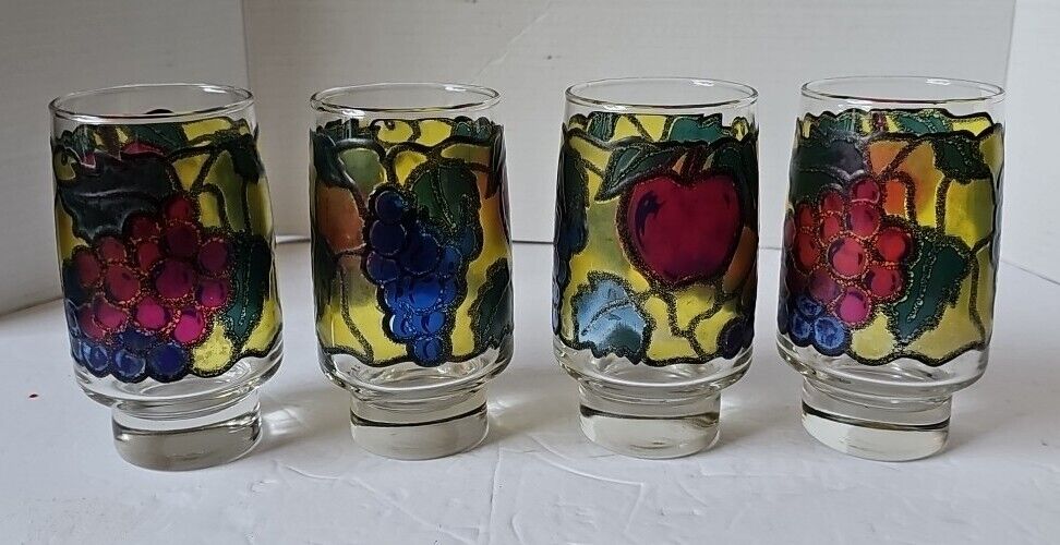 Set Of 4 Vintage Libbey Stained Glass Tumblers Stackable Juice Glasses 5.5\