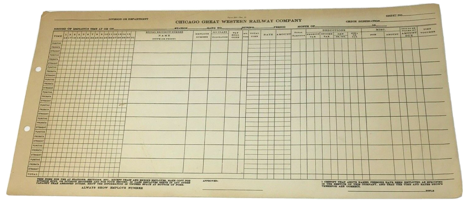 Chicago Great Western Railway Company Unused 1900 Pay Payroll Sheet Form 294 55