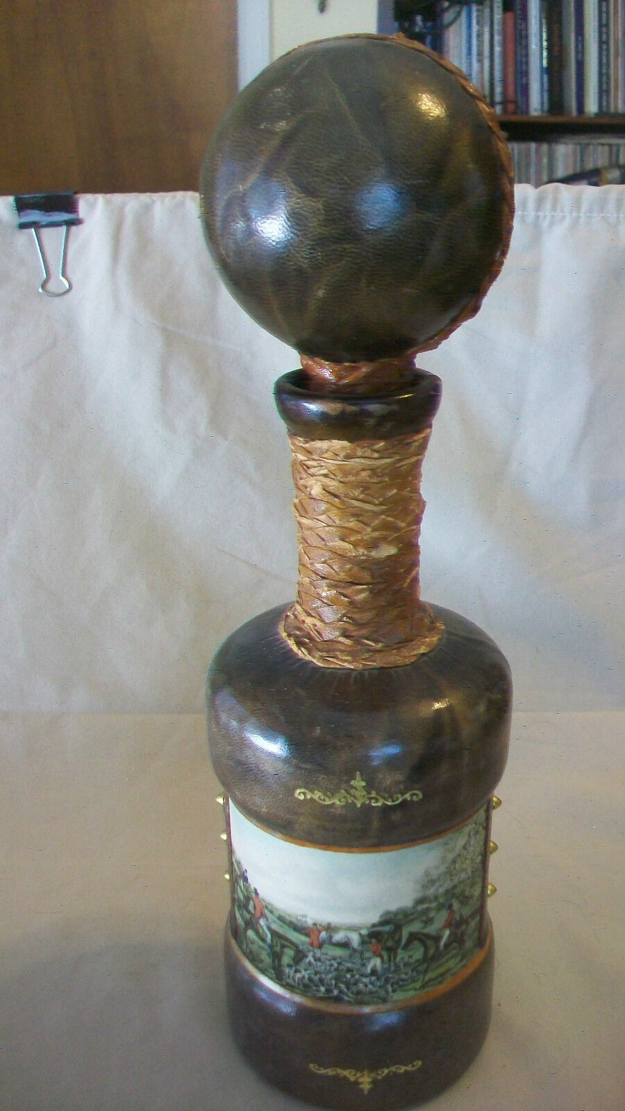 VINTAGE EMPTY LEATHER WRAPPED BOTTLE OR DECANTER FROM ITALY, WITH FOX HUNT SCENE