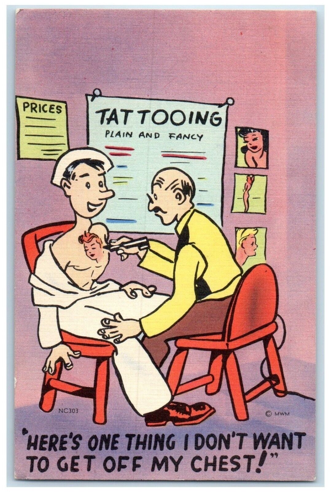 c1930\'s Sailor Tattoo Shop I Don\'t Want To Get Off My Chest WW2 Vintage Postcard