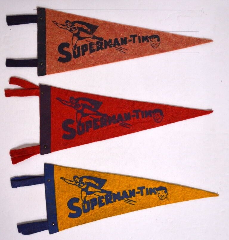 1940\'s SUPERMAN-TIM FELT PENNANT SET of 3 w Rare Brown  Pennant