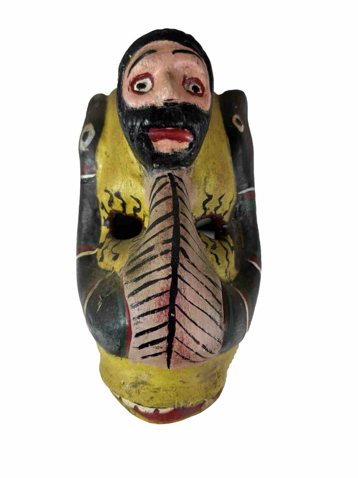 Vintage Mexican Wooden Carved & Hand Painted Mask ~ Man In A Middle Of 2 Snakes