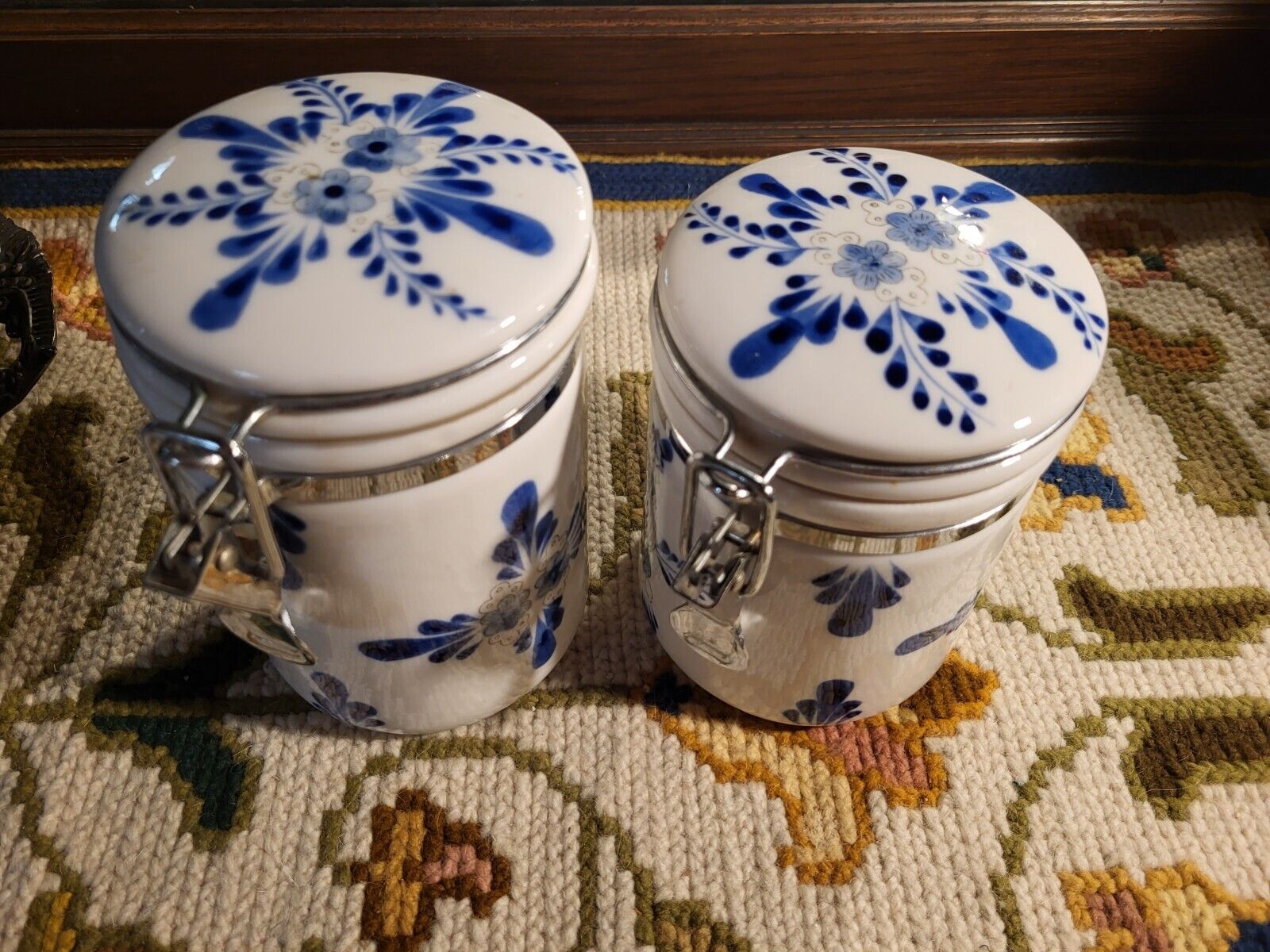 Pair Of Delft Blue & White Stoneware Canisters...cute