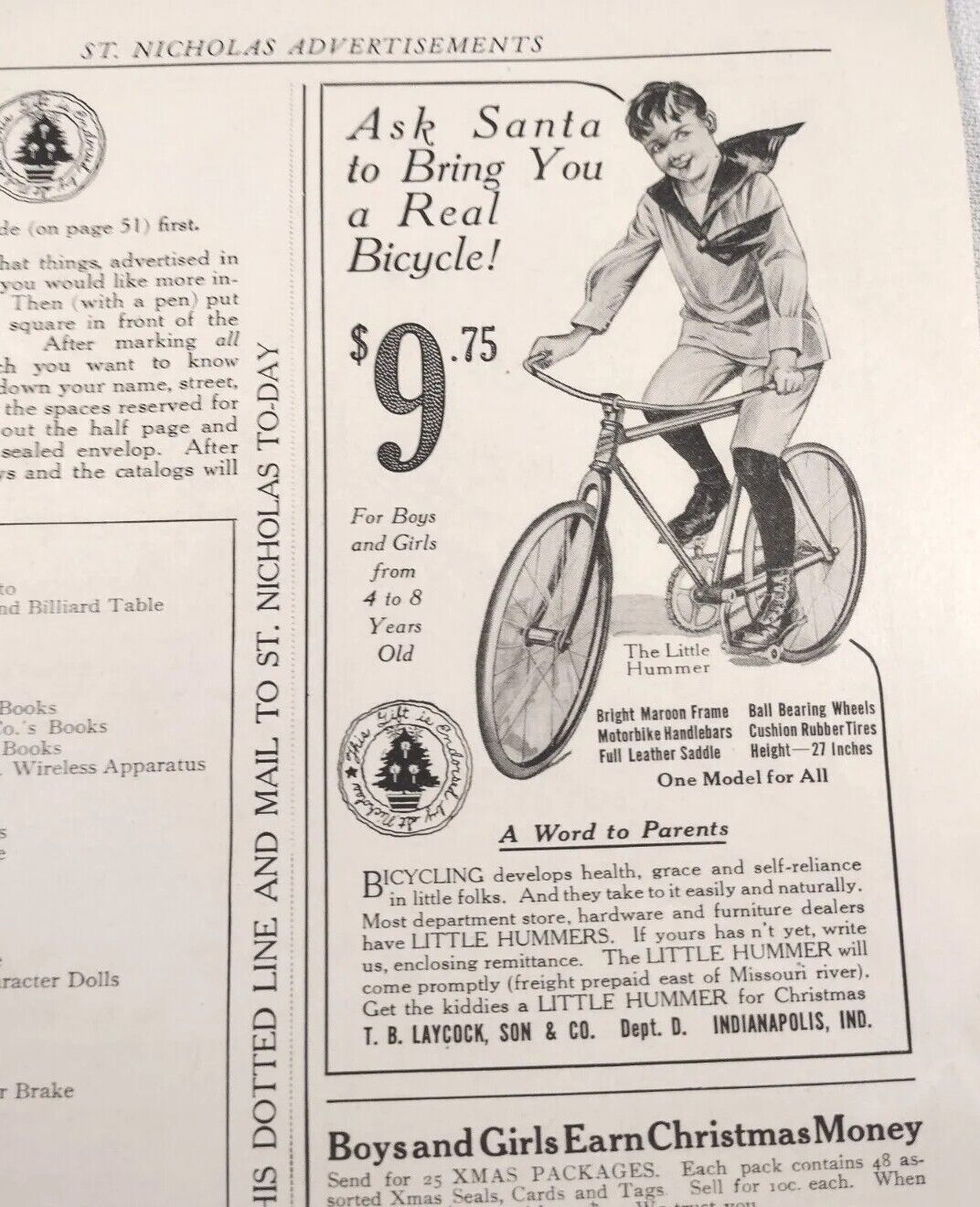 1920s St Nicholas Advertisements Black & White Print Ad Little Hummer Bicycle 