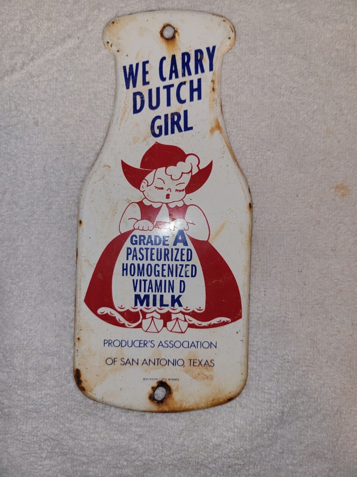 Vintage Dutch Girl TIN SIGN San Antonio Texas Erickson--Des Moines Farm Gas Oil 