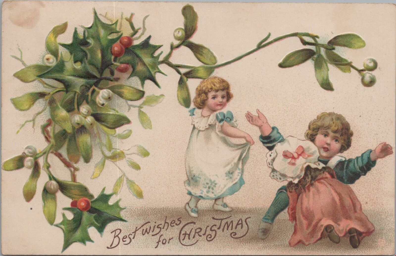 Postcard Best Wishes For Christmas Kids Playing + Holly 