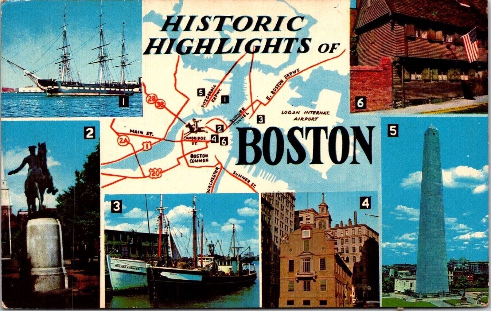 Historic Highlights Boston Multi View Old Ironsides Paul Revere Statue Postcard
