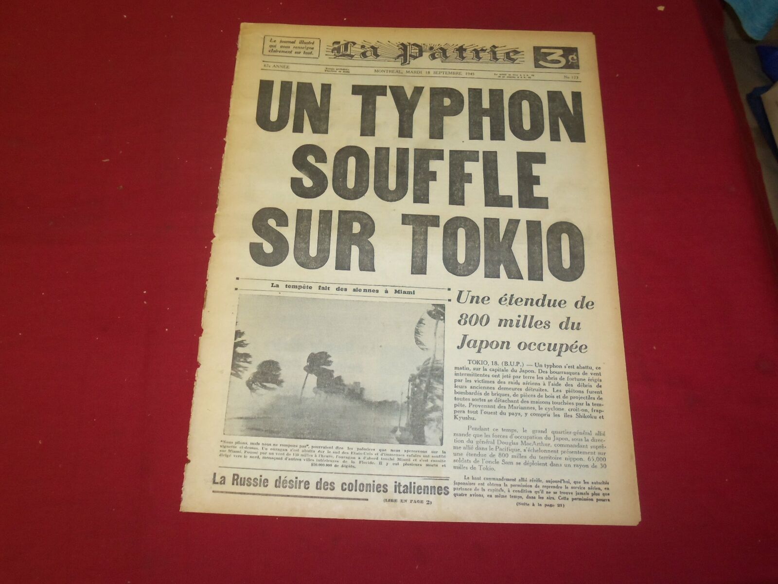 1945 SEP 18 LA PATRIE NEWSPAPER - FRENCH- UN TYPHON SOUFFLE SUR TOKIO - FR 1892