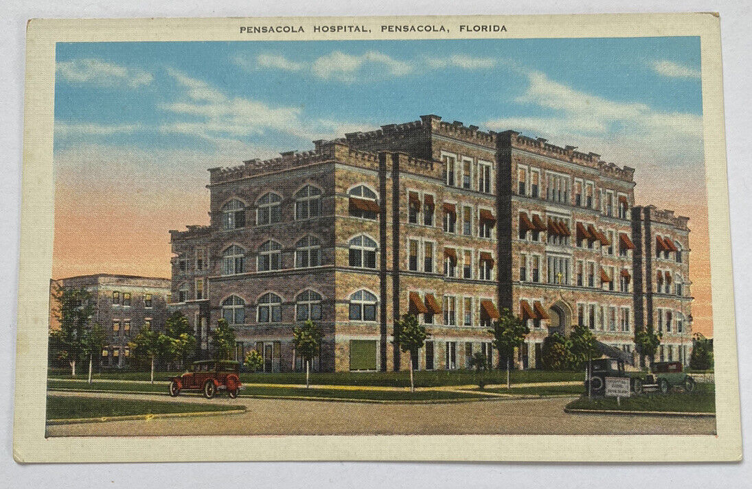 Vintage Linen Postcard ~ Pensacola Hospital Street View ~ Pensacola Florida FL