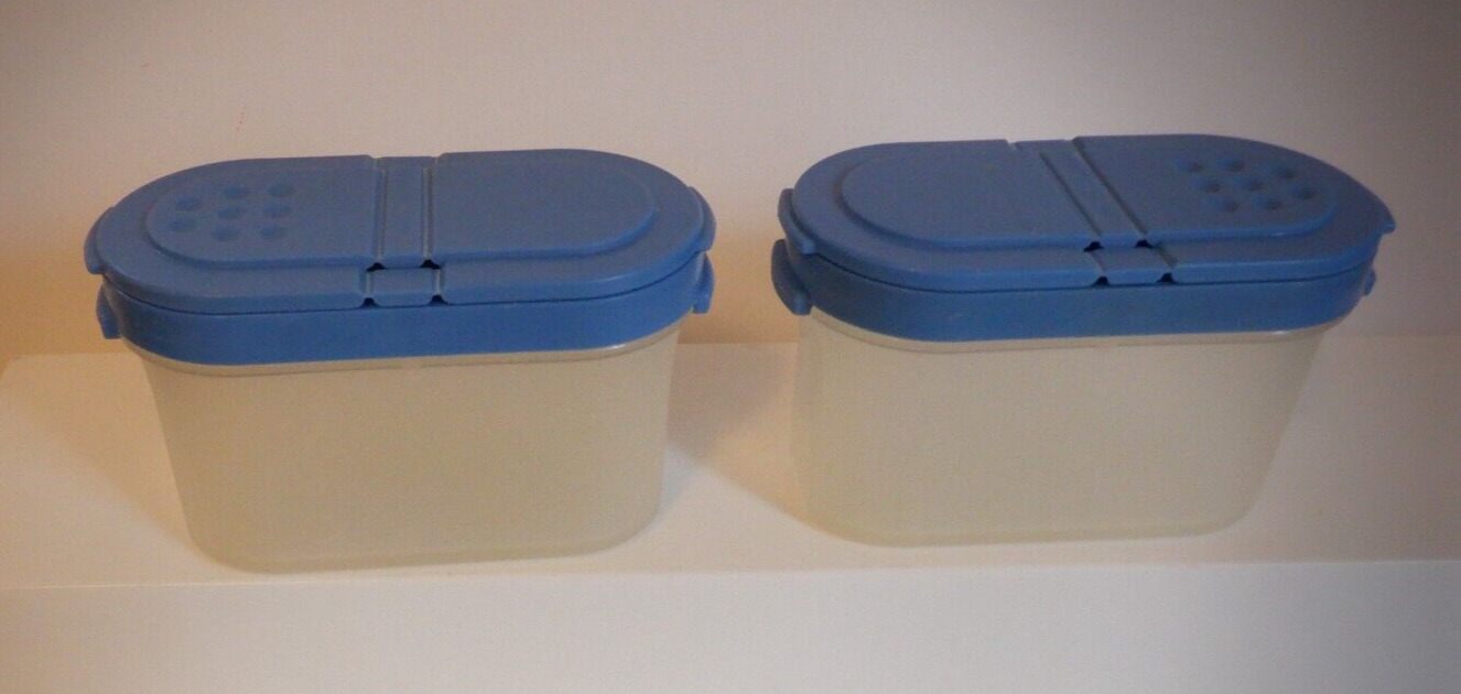 2 Vintage Tupperware Modular Mates Spice Shaker Containers #1843 Blue Lids Used