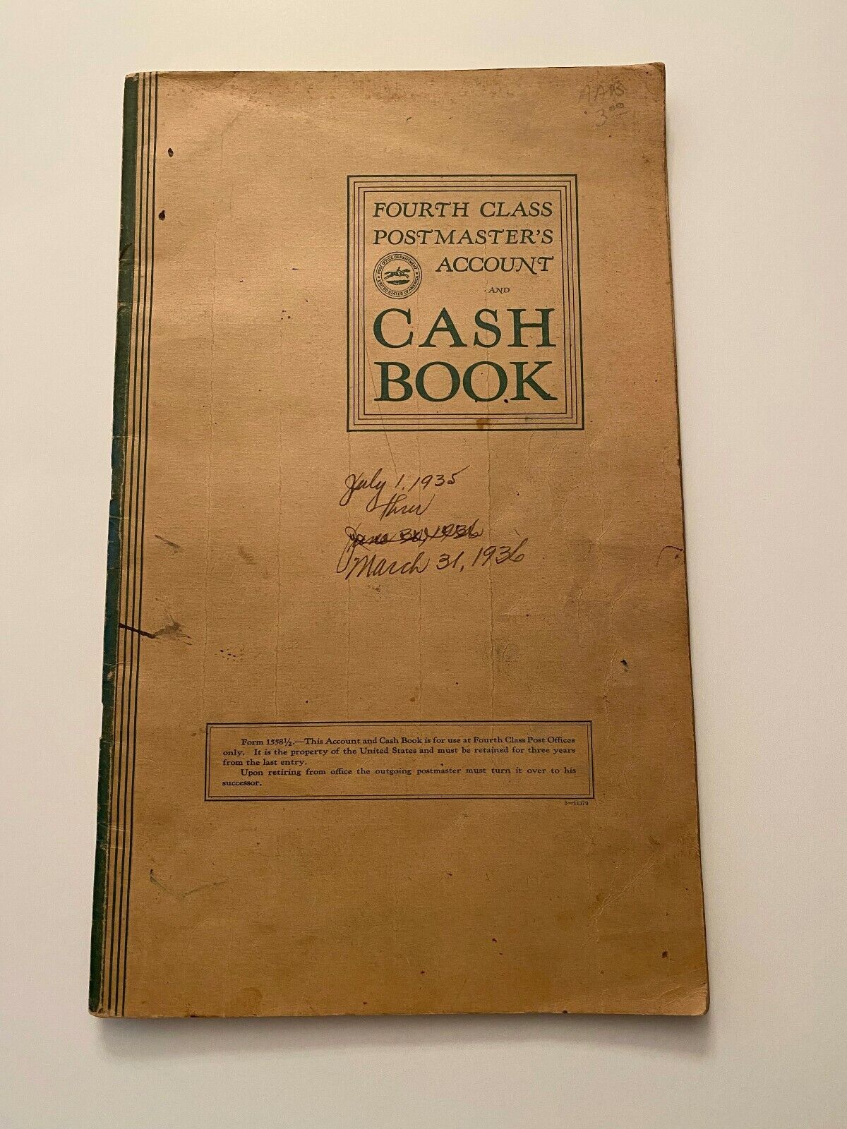 K) 1935 USPS Postmaster\'s Account Cash Book Massie\'s Mill Nelson County Virginia