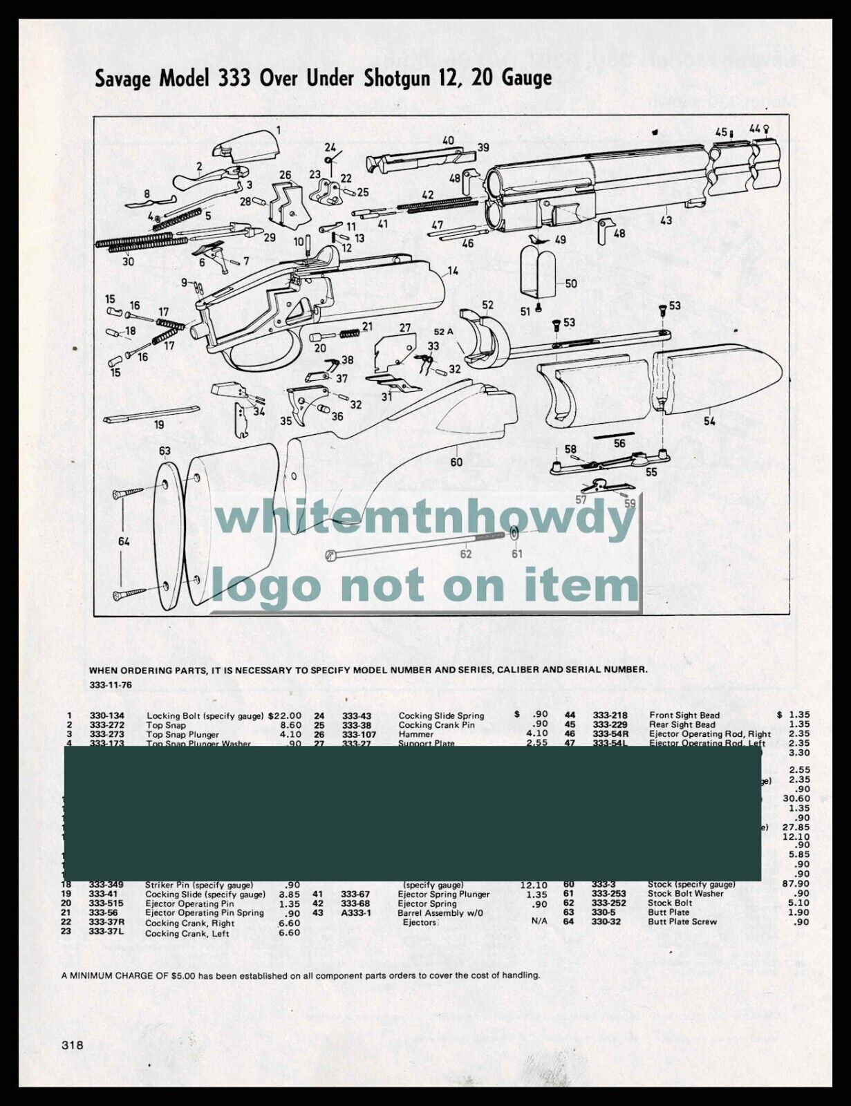 1984 SAVAGE Model 333 Over Under 12 20 gauge Shotgun  Schematic Parts List