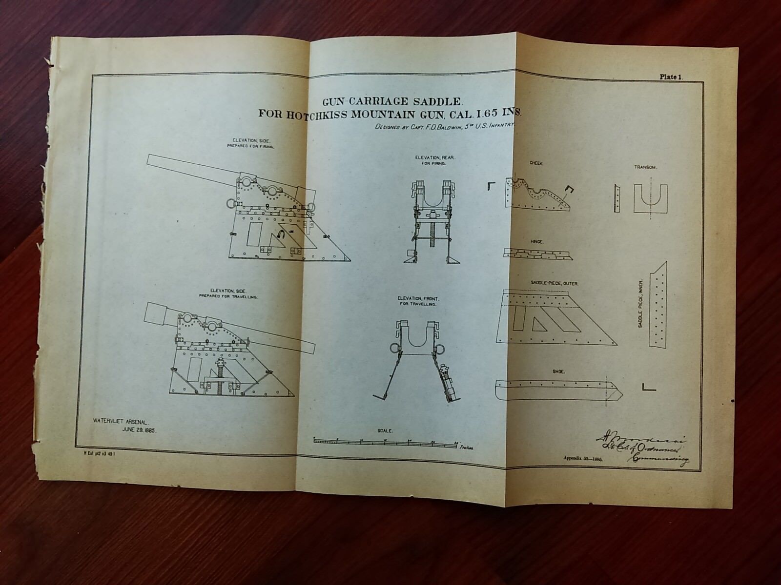 1892 Engineering Diagram Gun Carriage Saddle Hotchkiss Designed by F.D. Baldwin