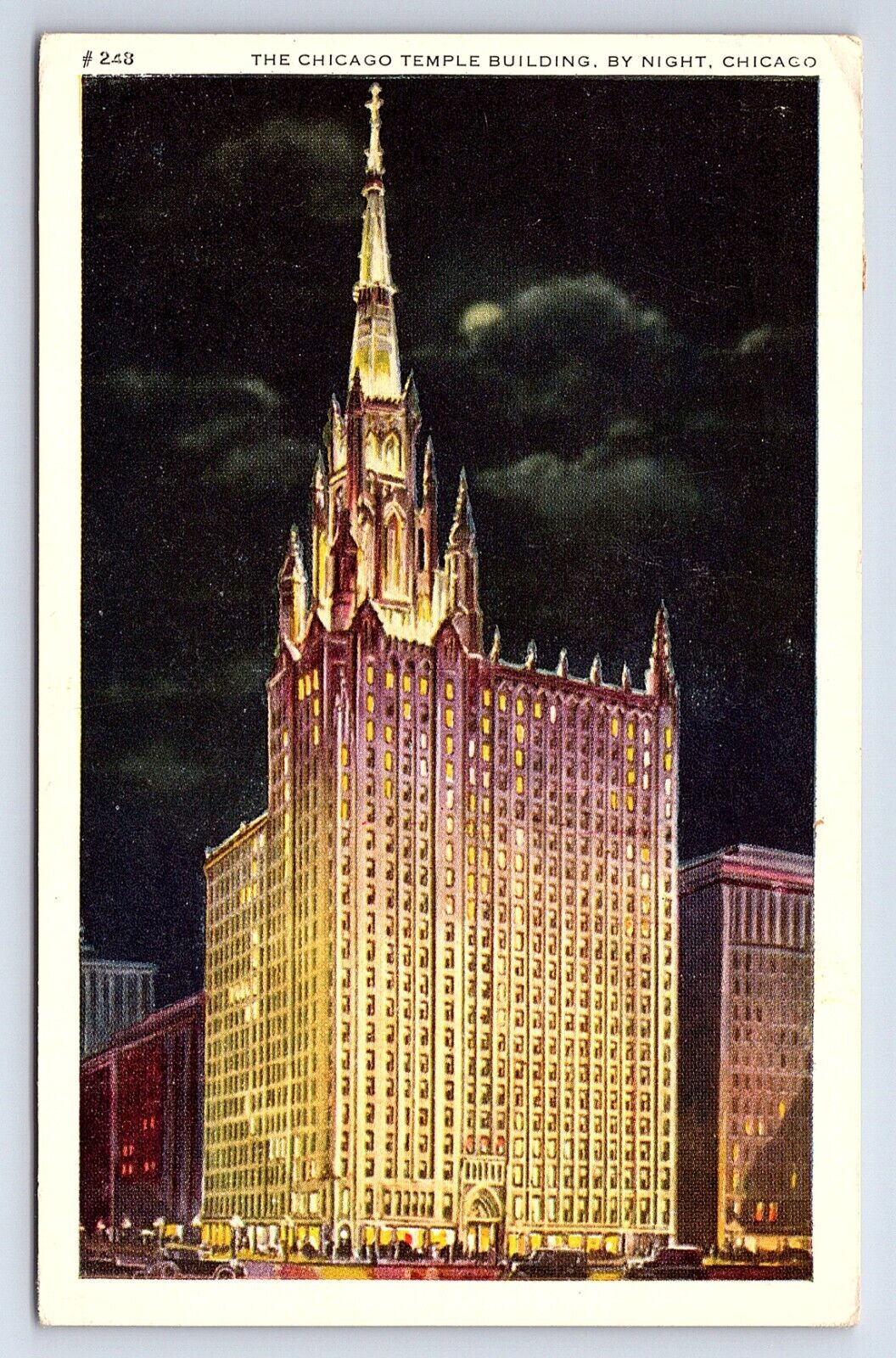 Postcard Chicago Temple Building Night View Chicago Illinois IL