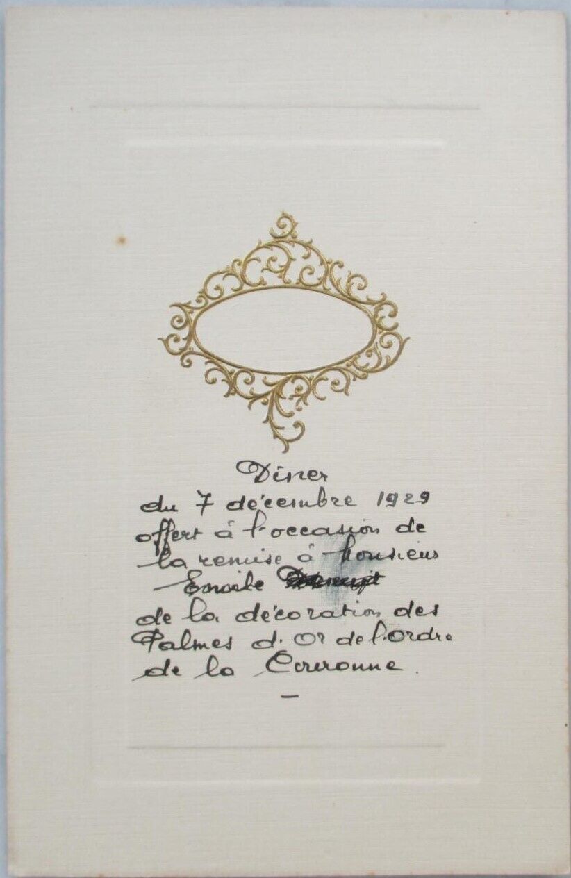 Menu 1929 French Handwritten, Gold-Embossed Cover, Two Menu Piece