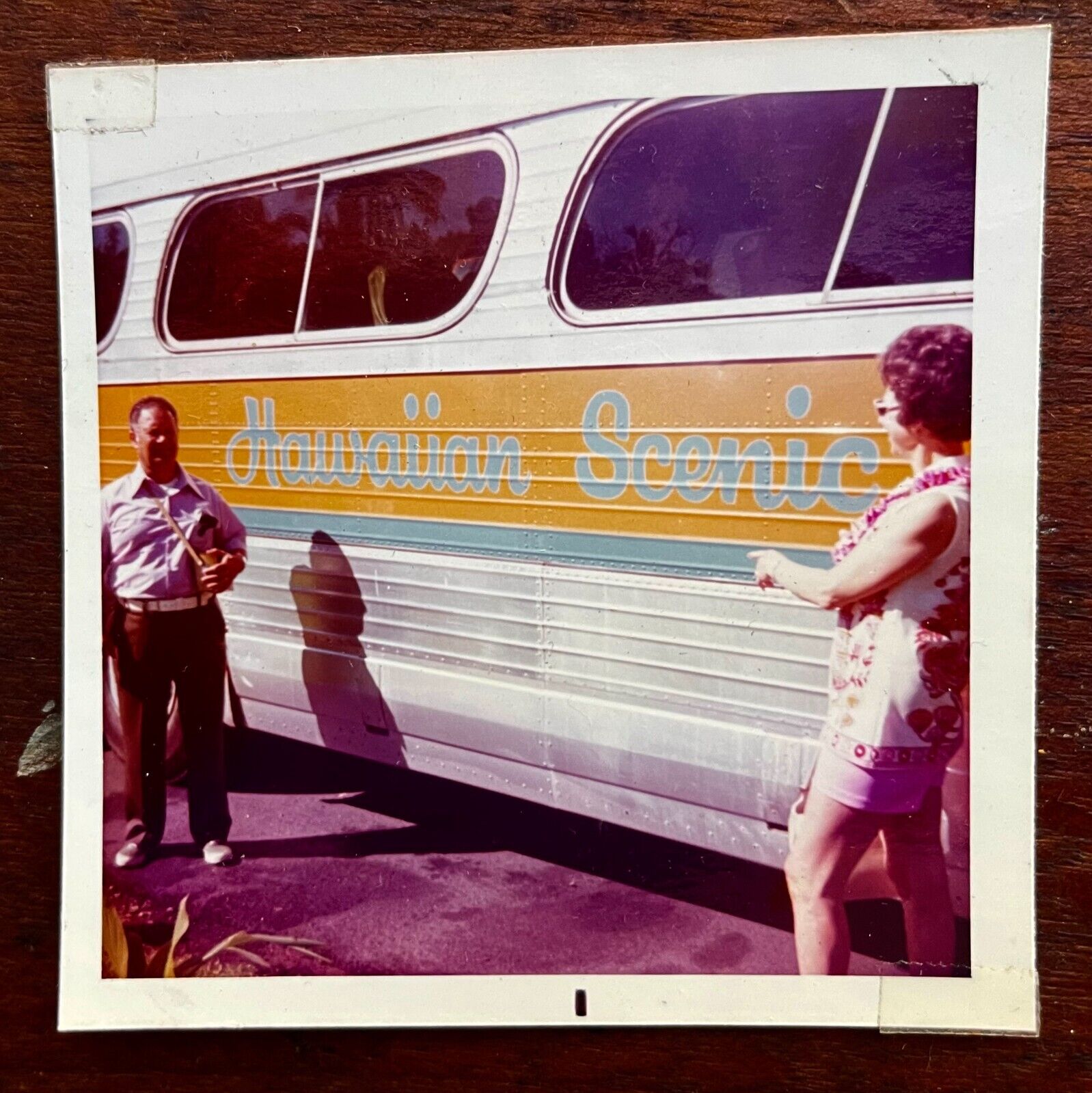 HAWAIIAN SCENIC TOURS BUS 1970s era Vintage PHOTO Tourist in BEHIVE HAIRDO