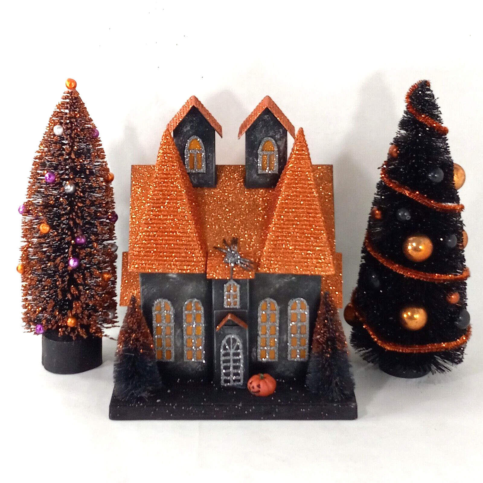 Putz Light-up Halloween Haunted House Brush Trees Bundle Black Orange Glitter