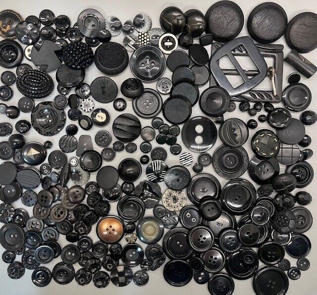 Lot of 250 Vintage Black Buttons And 2 Buckles