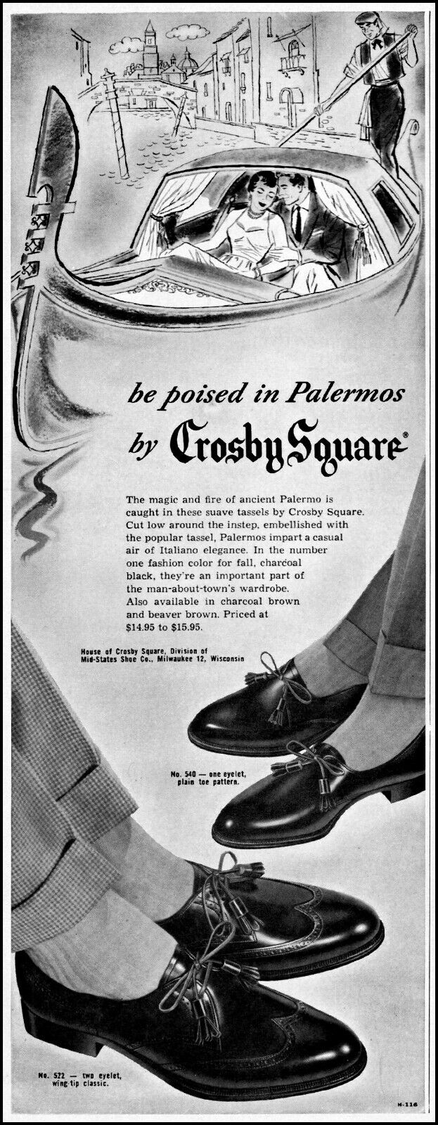 1955 Venice gondolier Crosby Square Palermos shoes vintage art Print Ad adL17
