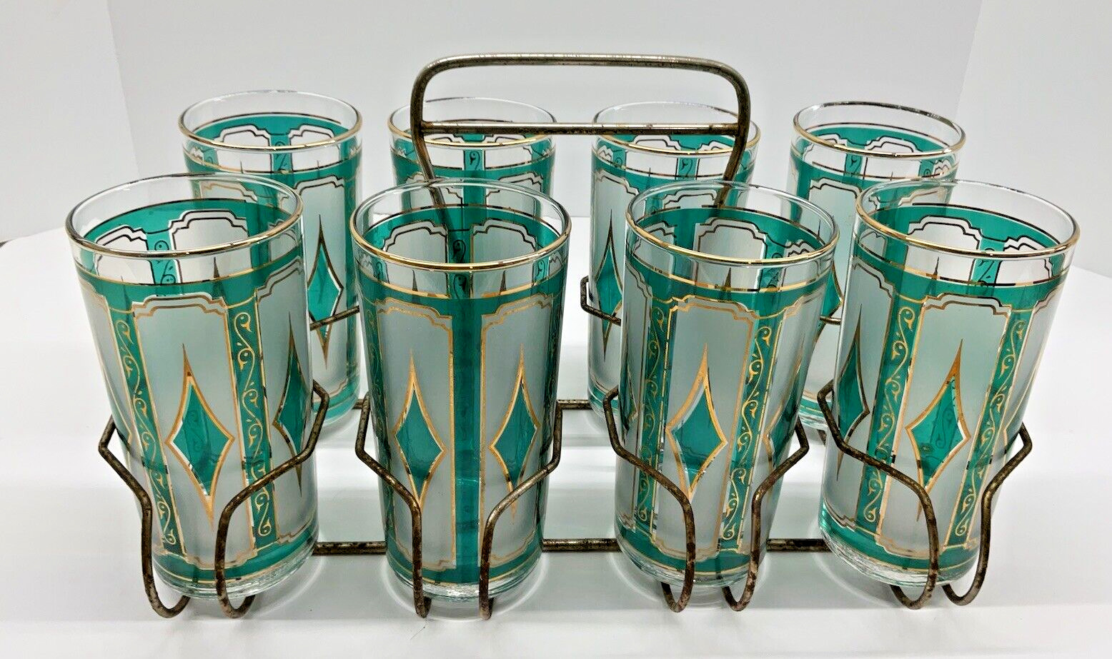 Set Of 8 Vintage Libbey Hollywood Regency Glasses w/ Metal Carrier MCM Retro
