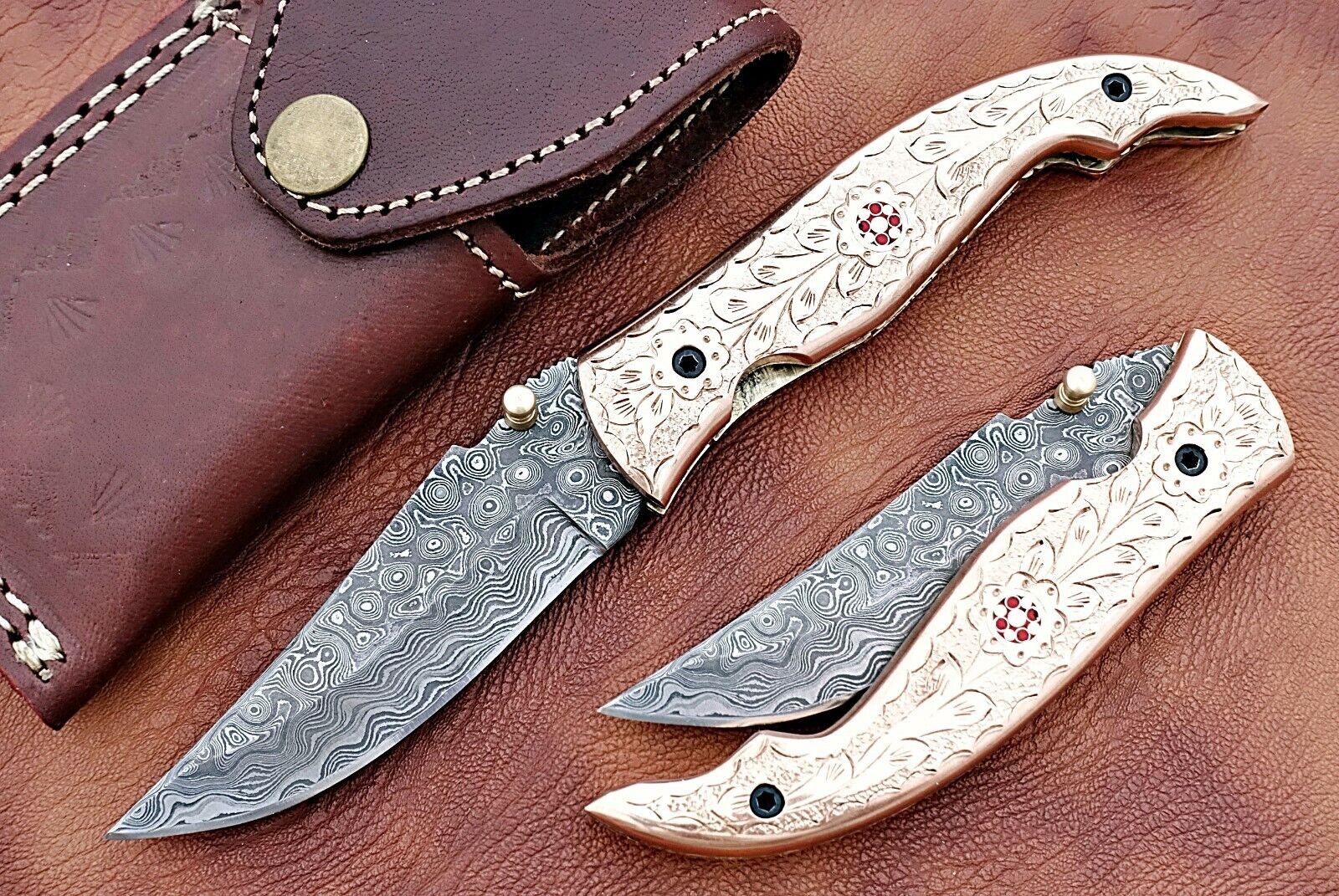 HUNTEX Custom Handmade Damascus 8\'\'Long Brass Folding Pocket Knife