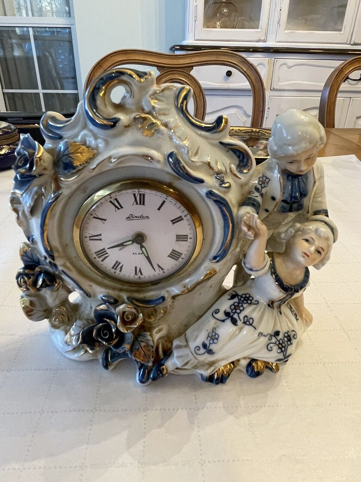 Vintage Linden Genuine Porcelain Alarm Clock Blue and White Statuette China